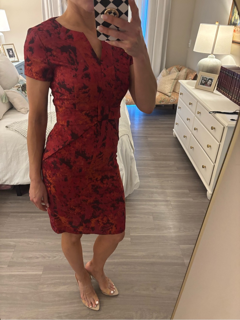👗 SHANI COLLECTION Jacquard Bow Sheath Dress — Black/Red